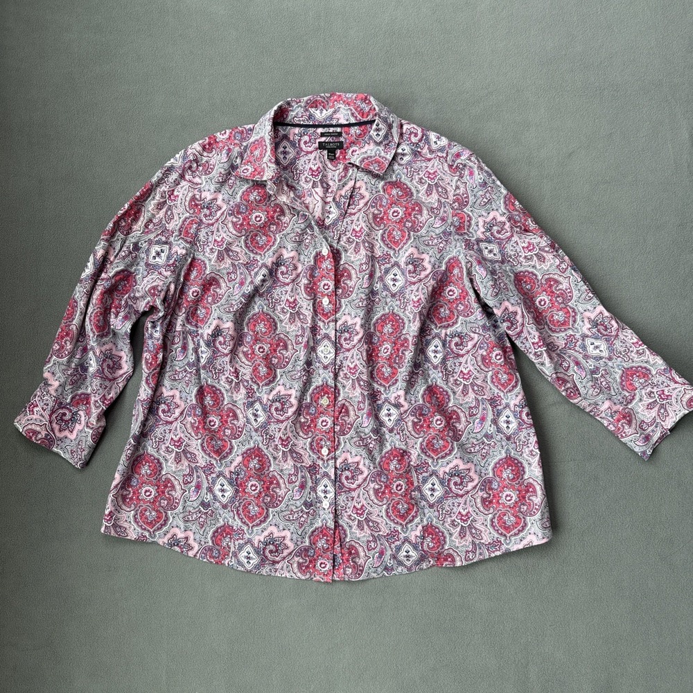 Talbots Shirt Womens 18P Pink Paisley Button Down Wrinkle Resistant Long Sleeve